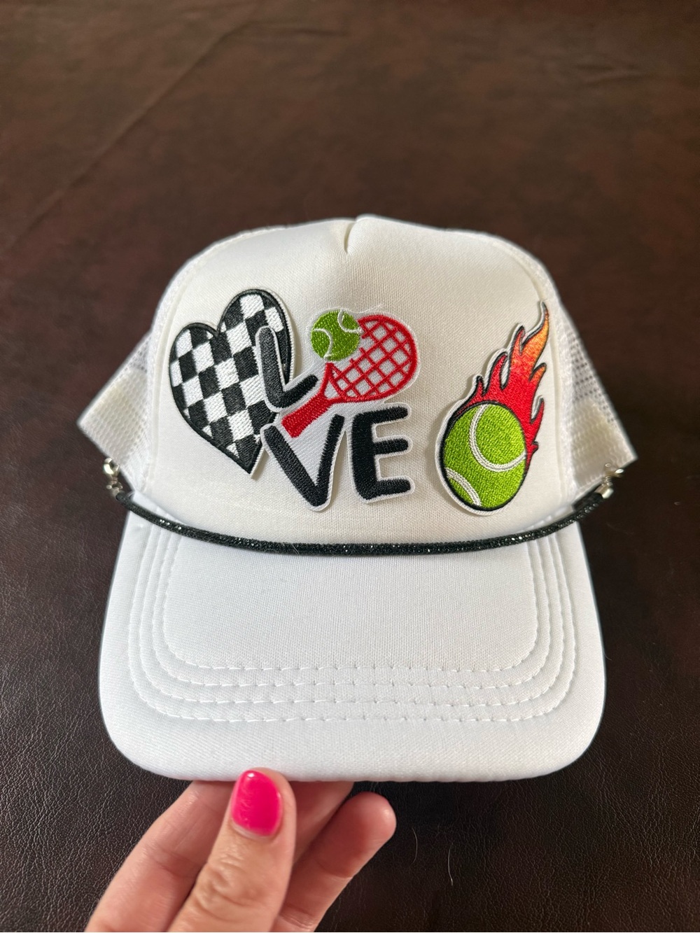White Trucker Hat with Tennis LOVE Patches